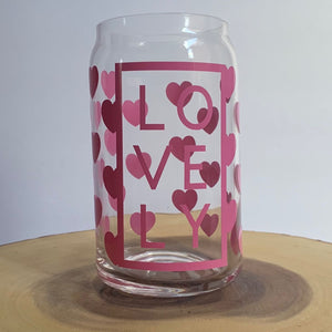 Heart pattern and the word "LOVELY" beer can glasses, lovely day, hearts, isn’t she lovely, valentines day glass, buy can glass, home decor, boho