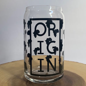 Can glass with a pattern print of Africa in black and the word "ORIGIN" in black beer can glasses, african home decor, west african decor, african art decor, african american home decor, boho african, black history month cup, buy black history month